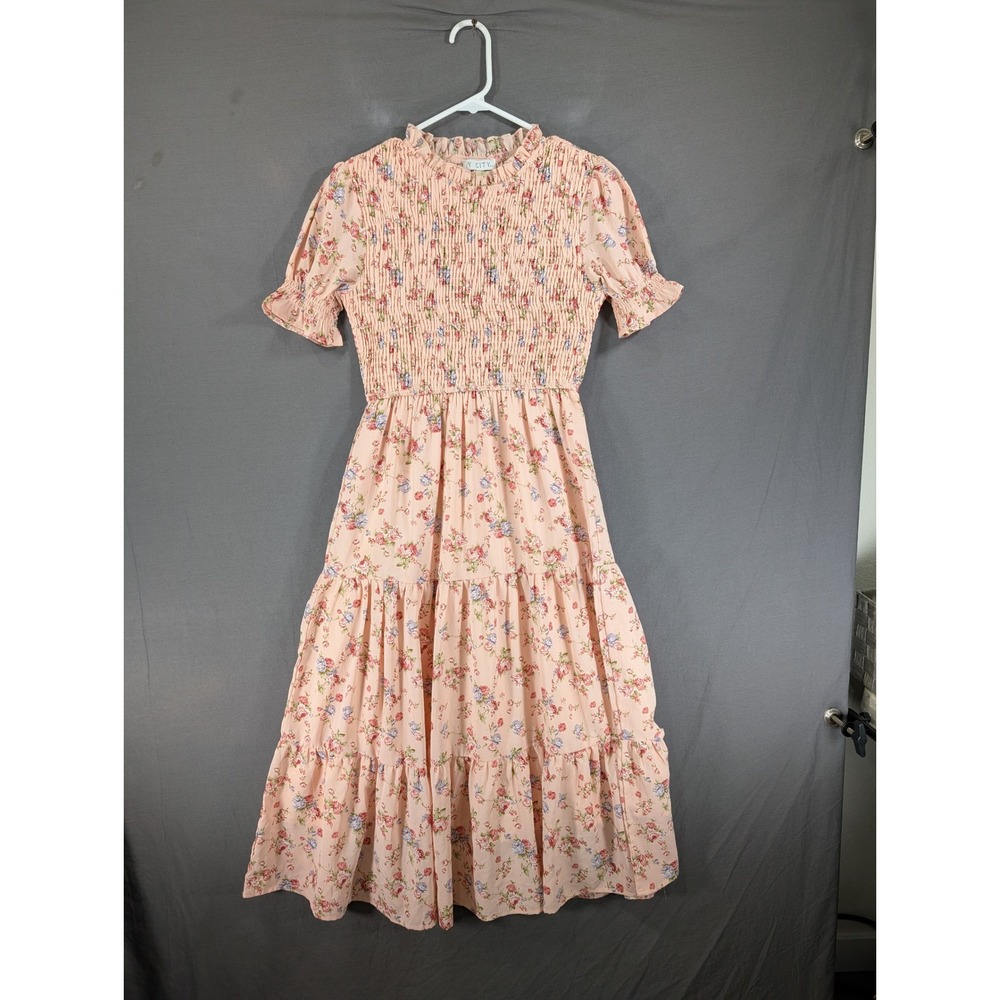 Ivy City Co Pink Floral Smocked Tiered Midi Dress XS Ruffle Mock‎ Neck